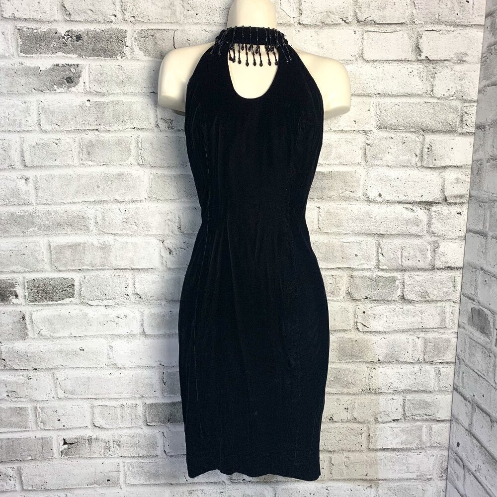 Vintage 90s Y2K Velvet Keyhole Choker Collar Bodycon Witchy Dress - Picture 1 of 16